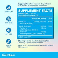 Label of BioEmblem Vitamin D3 K2 capsules emphasizing vegetarian, non-GMO ingredients