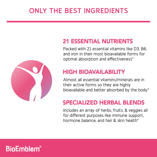 BioEmblem label highlights 21 nutrients for balanced nutrition.