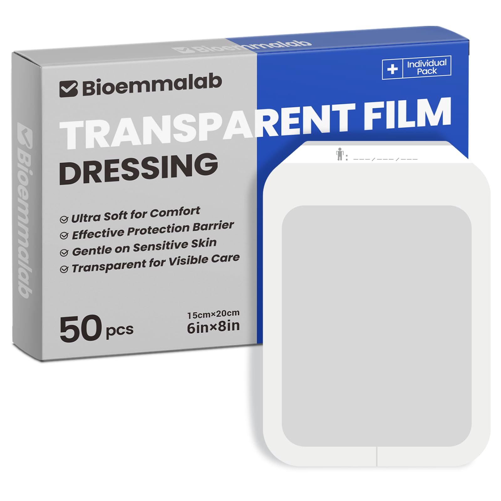 Bioemmalab large waterproof clear dressing shown in a post-surgical coverage scenario for easy monitoring.