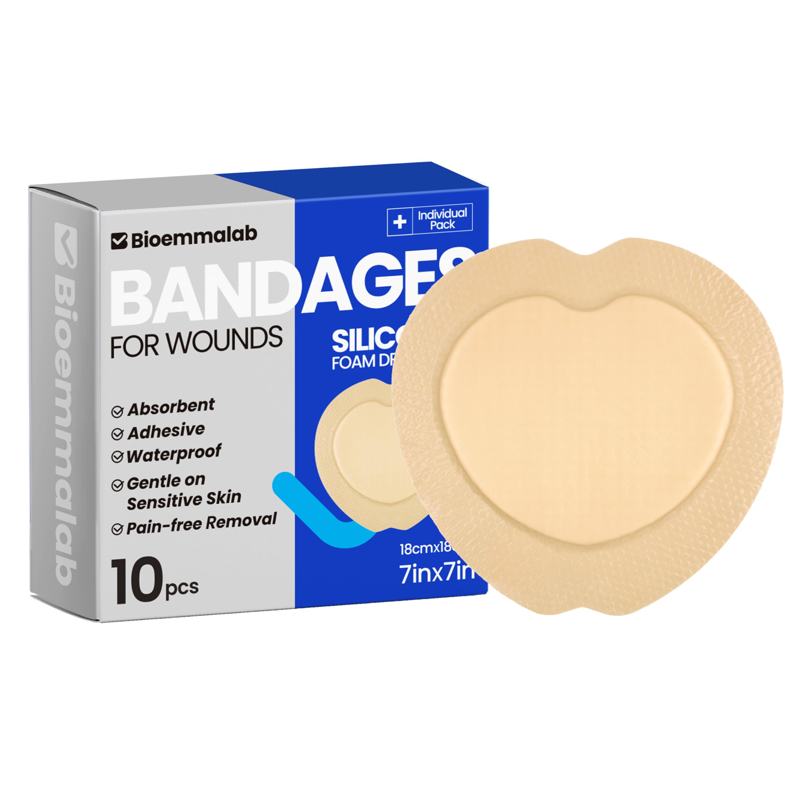 Bioemmalab large waterproof bandage with 7x7 inch pad for versatile wound care.