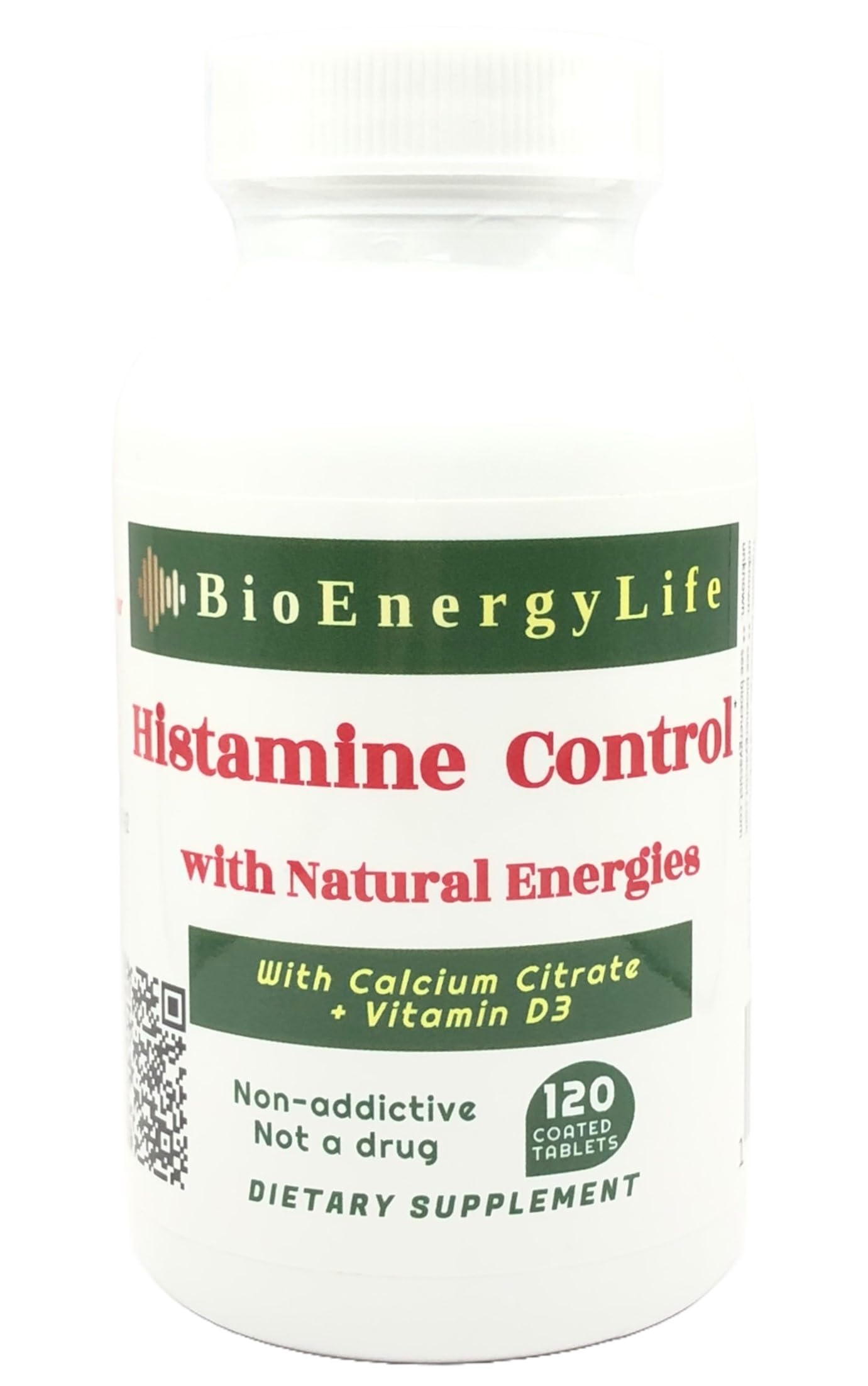 BioEnergyLife Histamine Control bottle shown for daily, non-drowsy enzyme support.