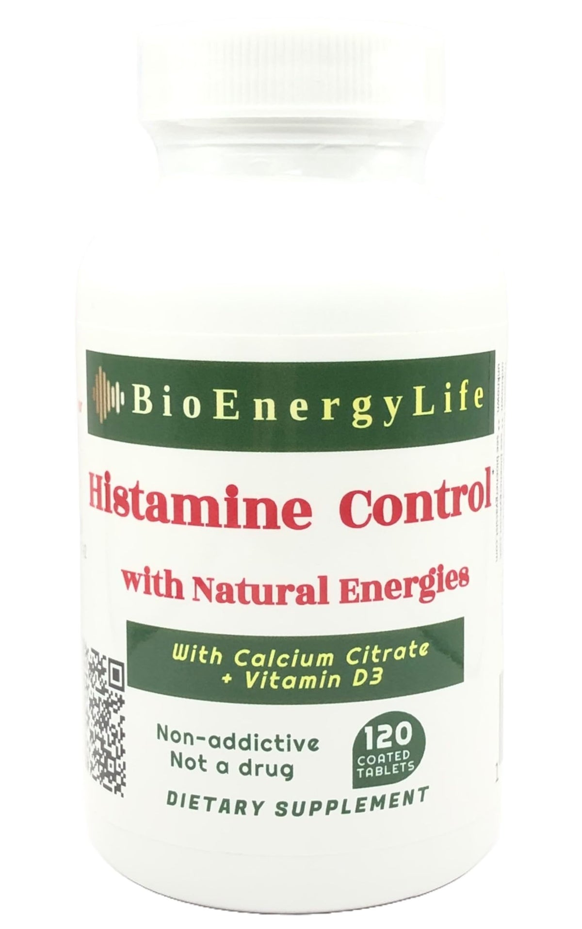 BioEnergyLife Histamine Control bottle shown for daily, non-drowsy enzyme support.