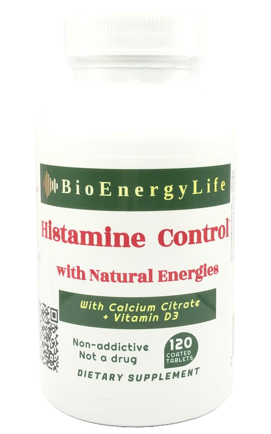 BioEnergyLife Histamine Control bottle shown for daily, non-drowsy enzyme support.