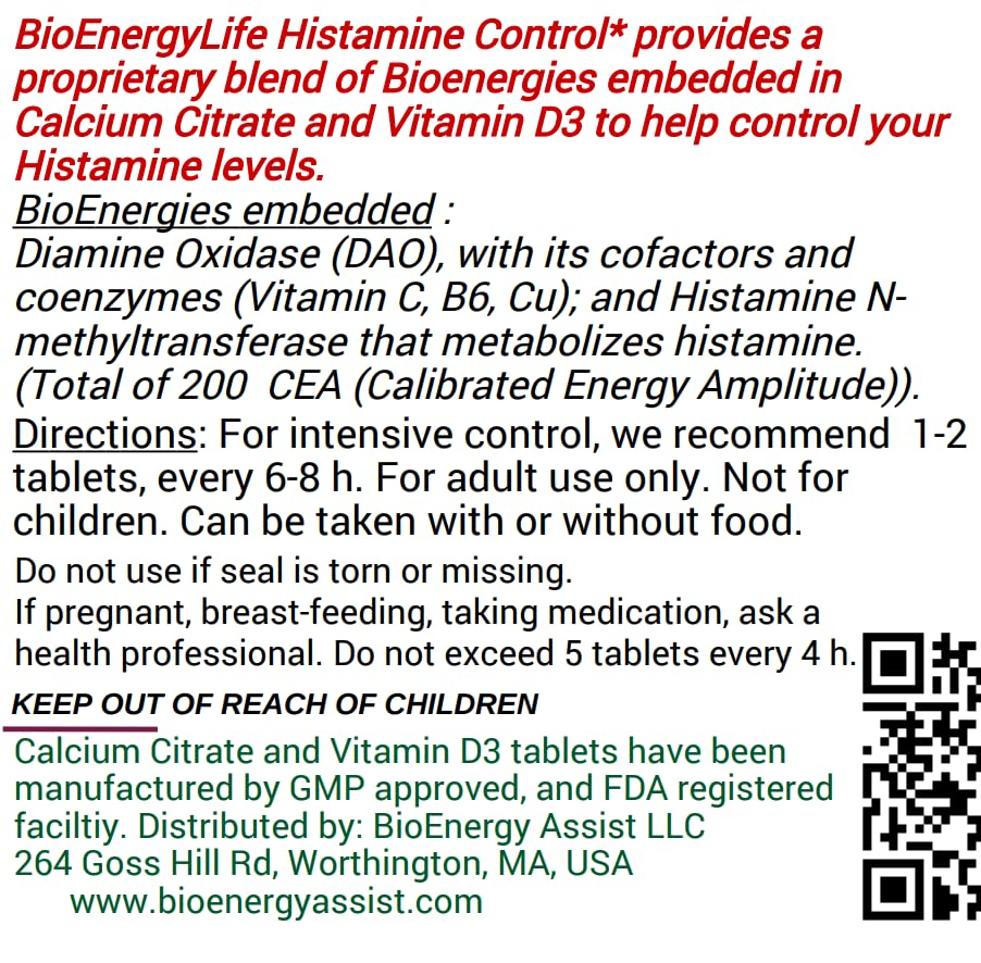 BioEnergyLife Histamine Control ingredients label emphasizes DAO and HNMT support blend.