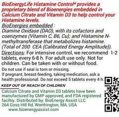 BioEnergyLife Histamine Control ingredients label emphasizes DAO and HNMT support blend.
