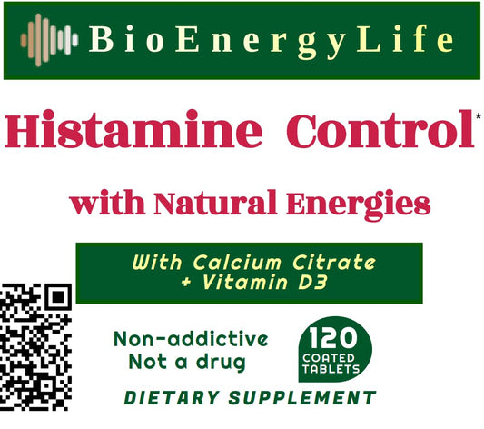 Close-up of Histamine Control tablets highlighting compact daily dosage.