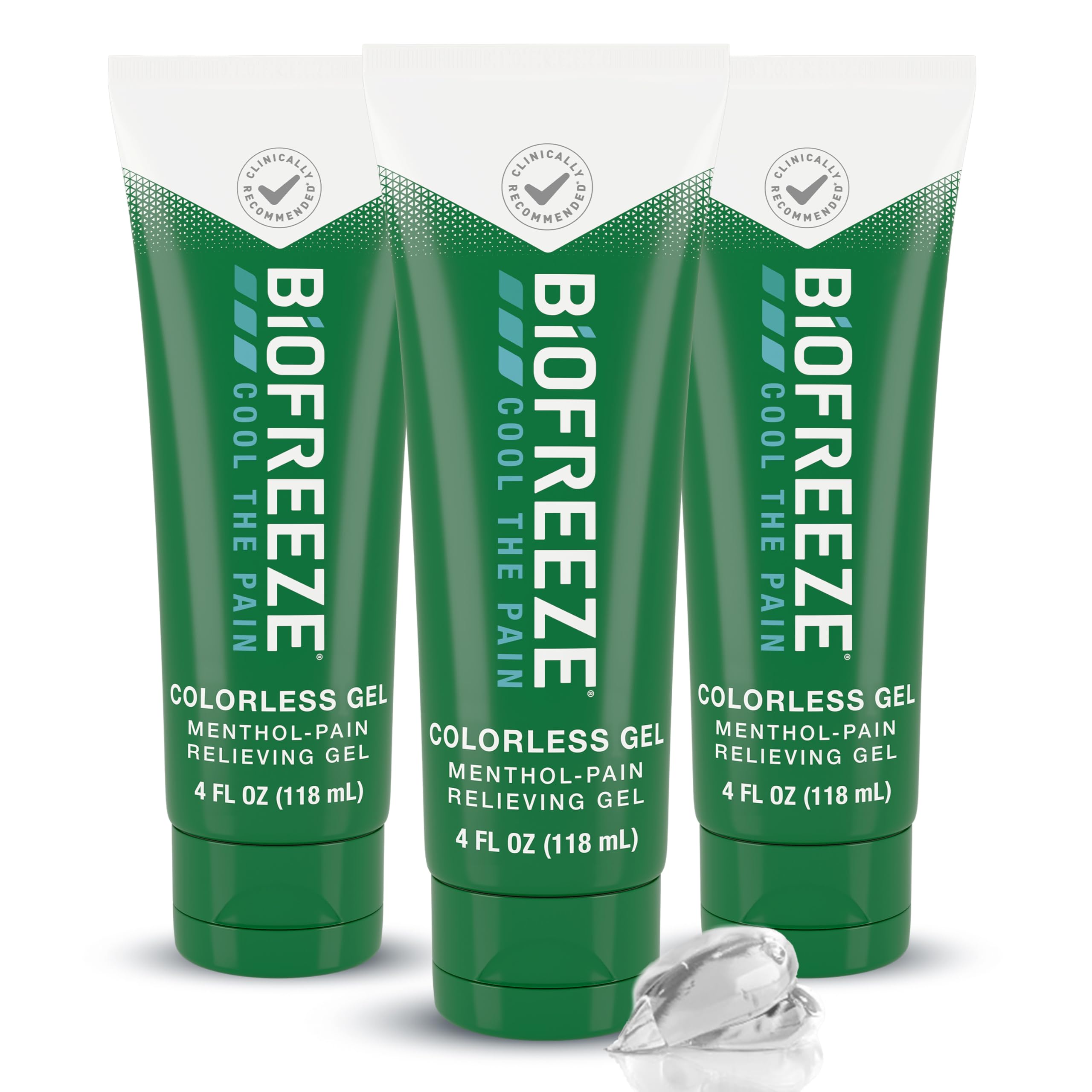 Biofreeze pain relief gel on knee delivers cooling, targeted relief.