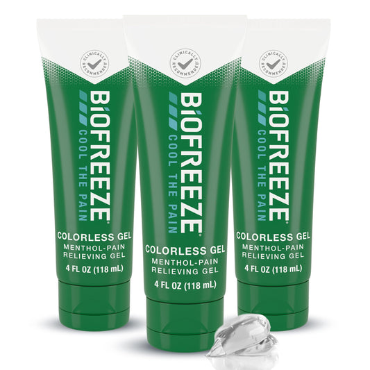 Biofreeze pain relief gel on knee delivers cooling, targeted relief.