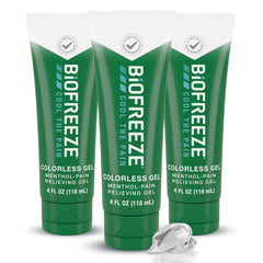 Biofreeze pain relief gel on knee delivers cooling, targeted relief.