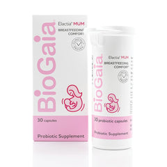 BioGaia Elactia breastfeeding probiotic bottle shown for daily lactation support.