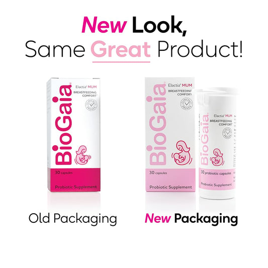 BioGaia Elactia packaging close-up highlights organic probiotic formula.