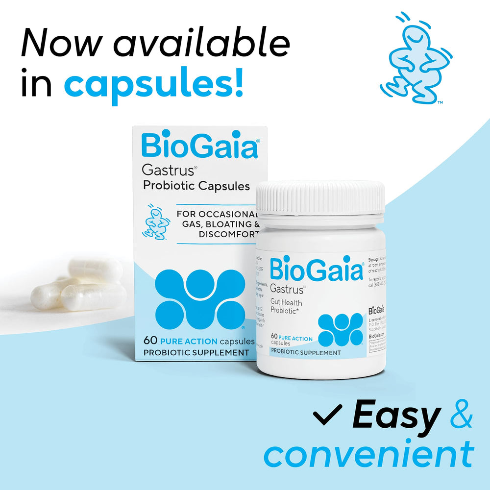 BioGaia Gastrus capsules close-up highlighting convenient daily use.