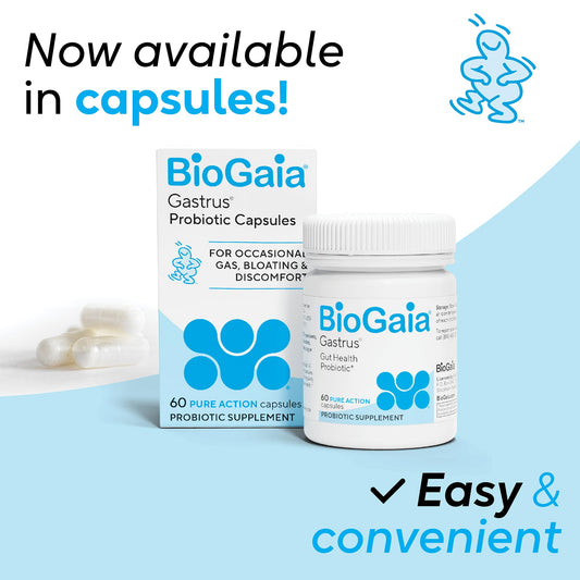 BioGaia Gastrus capsules close-up highlighting convenient daily use.