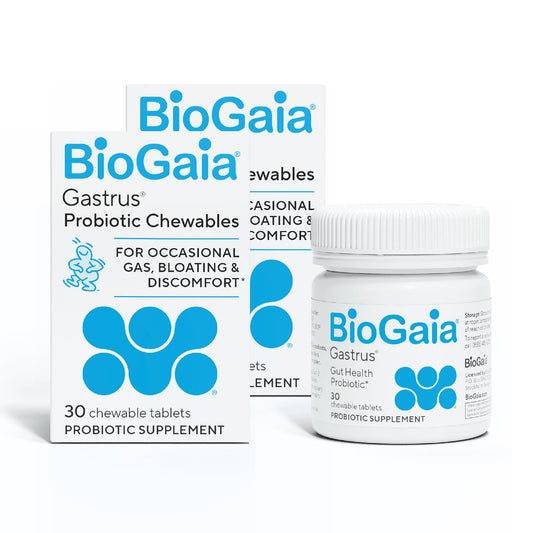 BioGaia Gastrus bottle with capsules supporting balanced gut microbiome