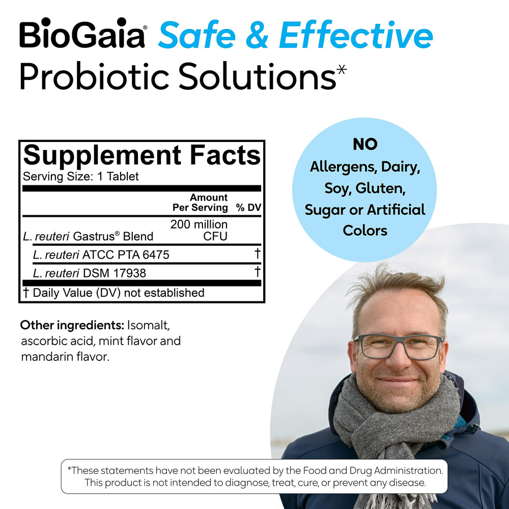 BioGaia Gastrus label highlights two patented probiotic strains