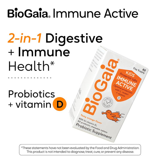 Close up of orange flavored chewables for daily BioGaia probiotic support for kids.