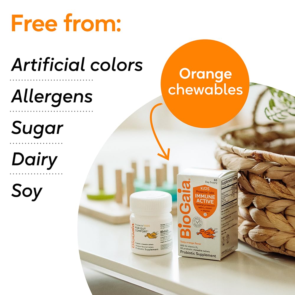 Allergen free icons on BioGaia product pack for dairy soy gluten free safety.