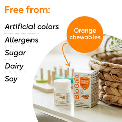 Allergen free icons on BioGaia product pack for dairy soy gluten free safety.