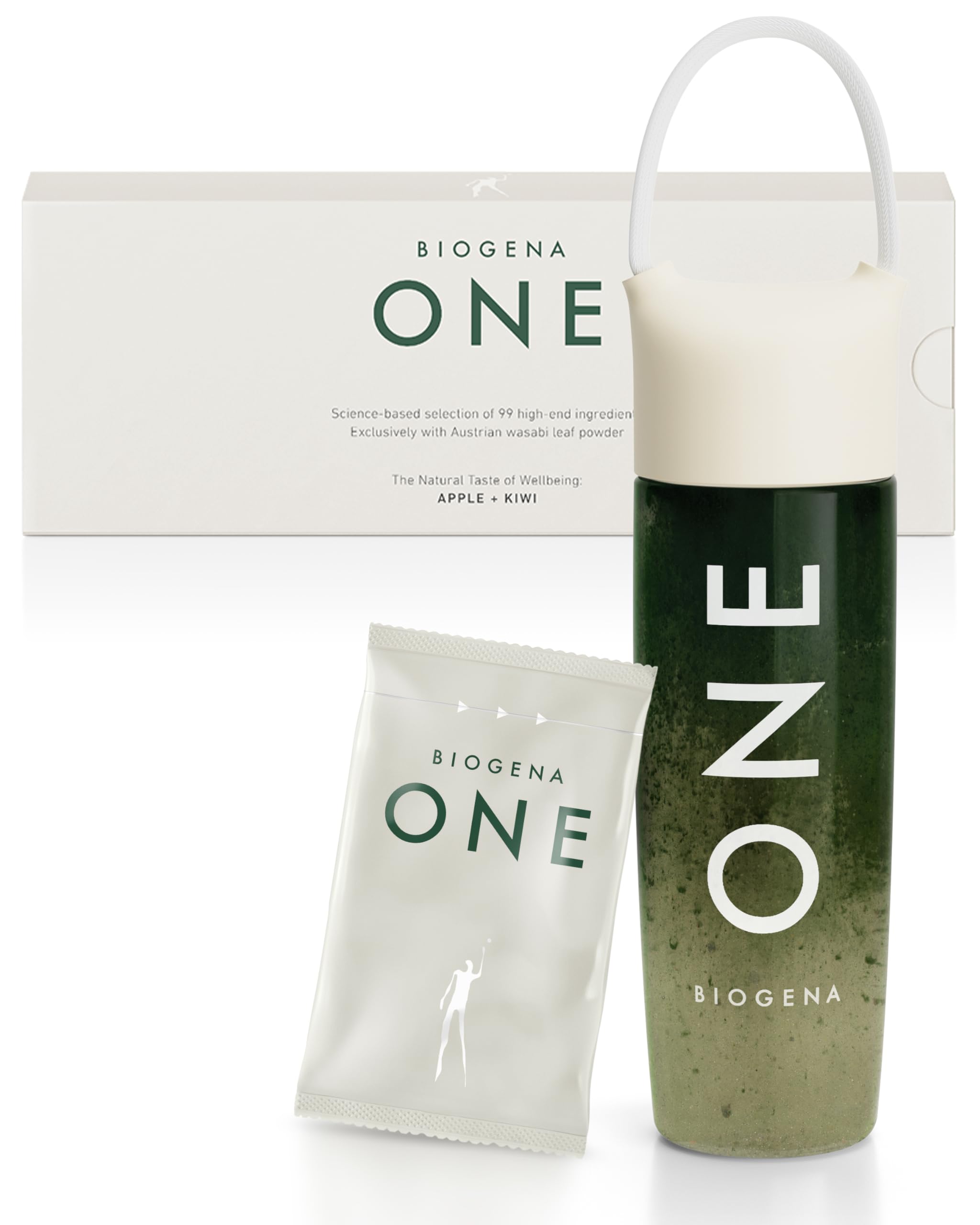 BIOGENA ONE bottle with travel sachets for on-the-go energy support.