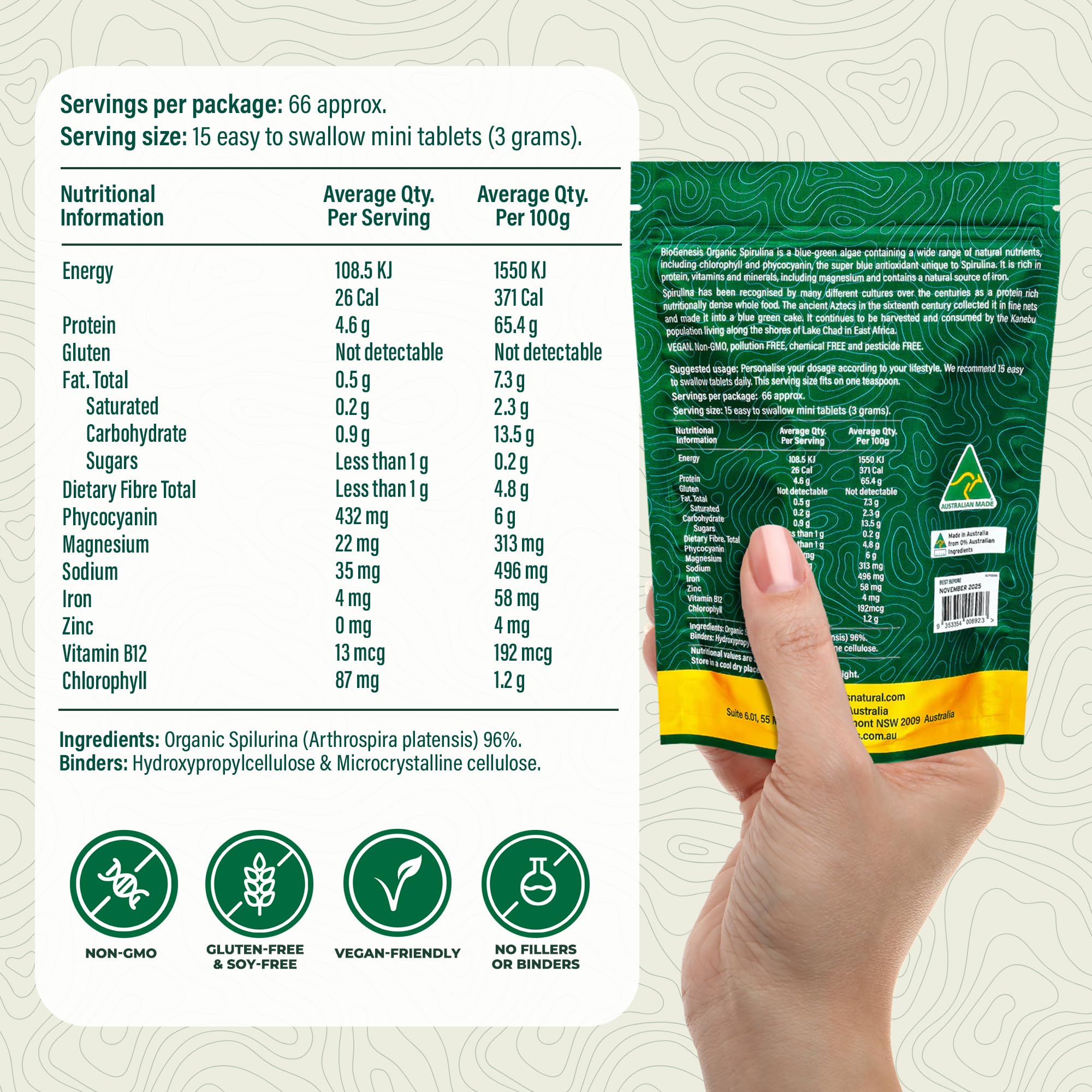 Biogenesis Spirulina mini tablets on hand for on-the-go nutrition.