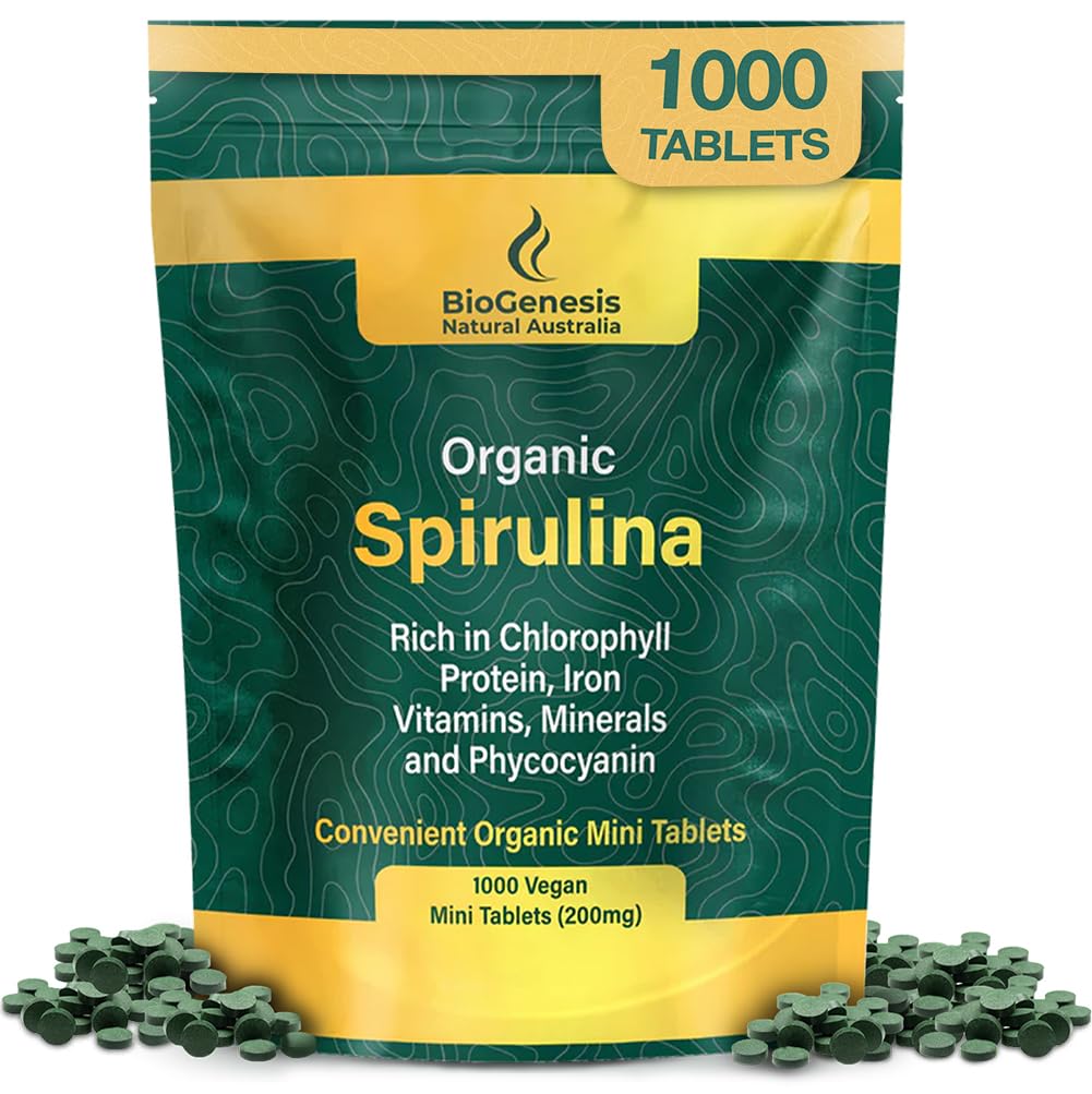 Biogenesis Spirulina mini tablets pack shot emphasizes convenient vegan greens.