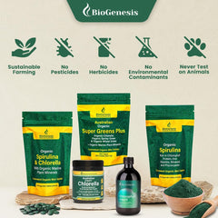 Biogenesis Spirulina mini tablets recyclable packaging detail.