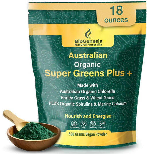 Biogenesis SuperGreens Plus bottle front showing premium Australian greens for daily energy.