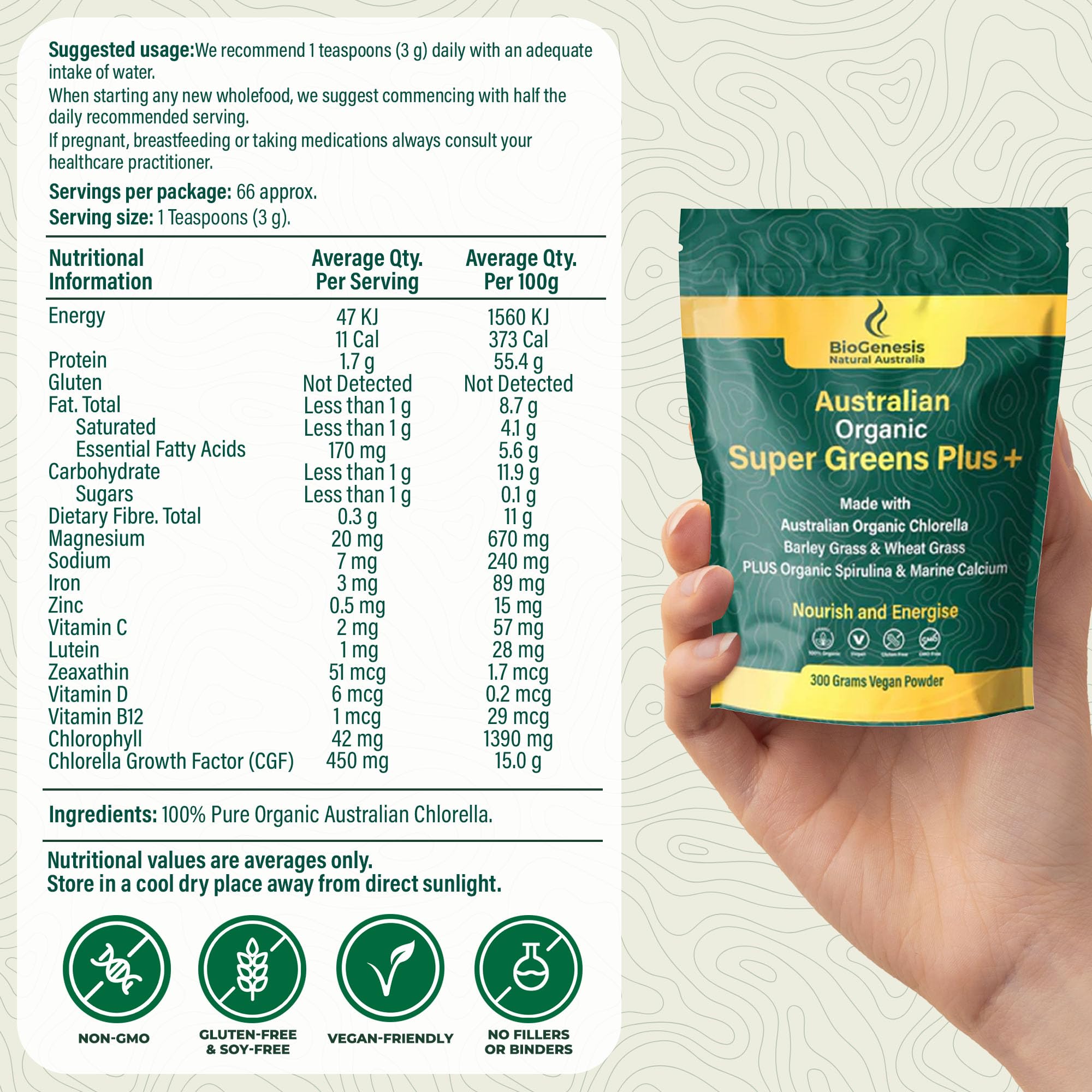Biogenesis SuperGreens Plus chlorella focus shows pure greens for detox and nourishment.