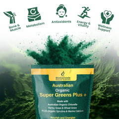 Biogenesis SuperGreens Plus dispensing scoop demonstrates easy measurement for consistent servings.