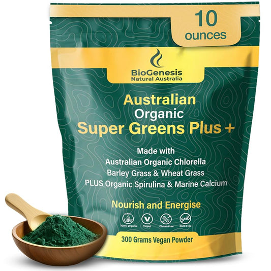 Biogenesis SuperGreens Plus powder bottle for daily energy support.