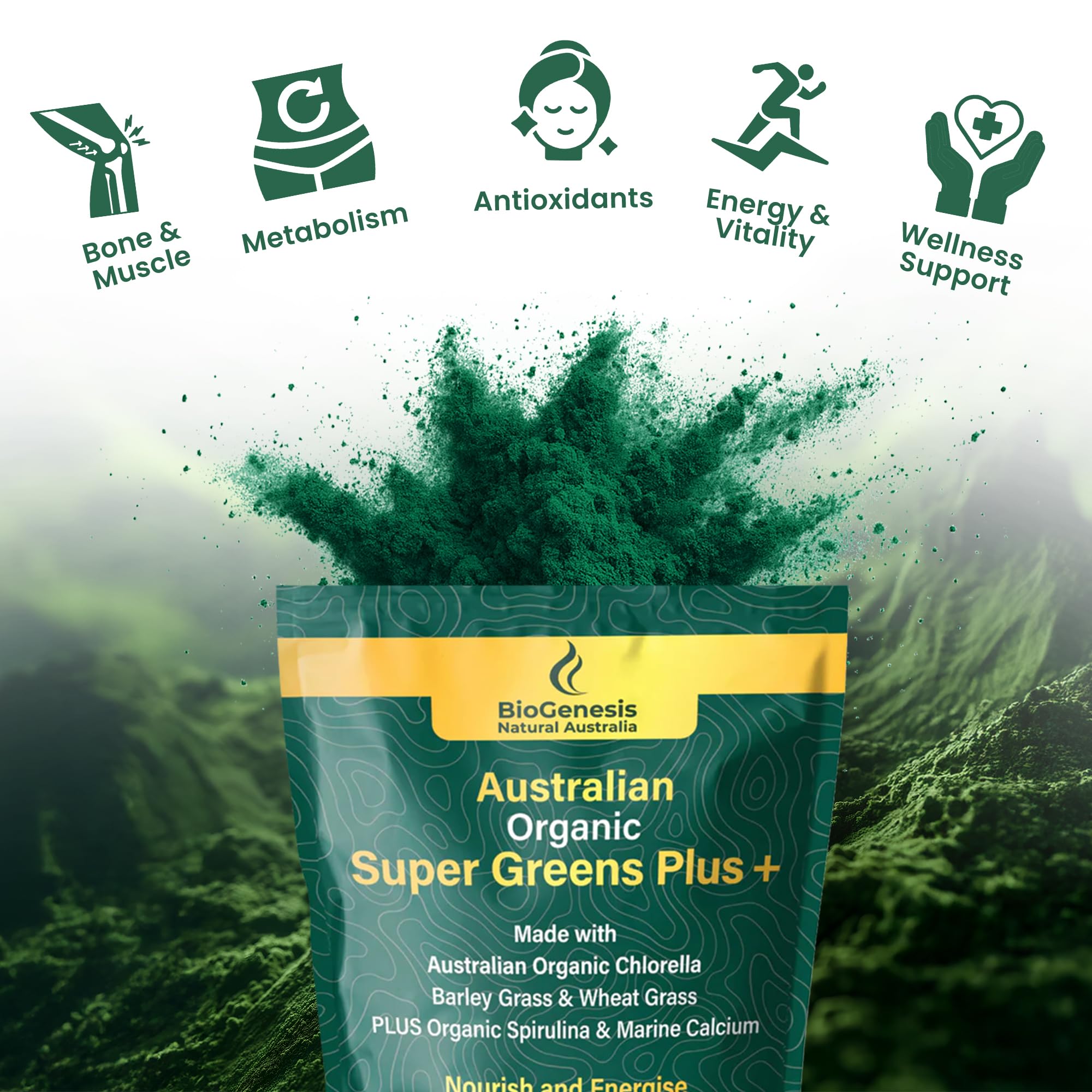 Biogenesis SuperGreens Plus powder dissolves in water for quick nutrition.