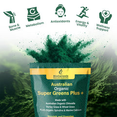 Biogenesis SuperGreens Plus powder dissolves in water for quick nutrition.