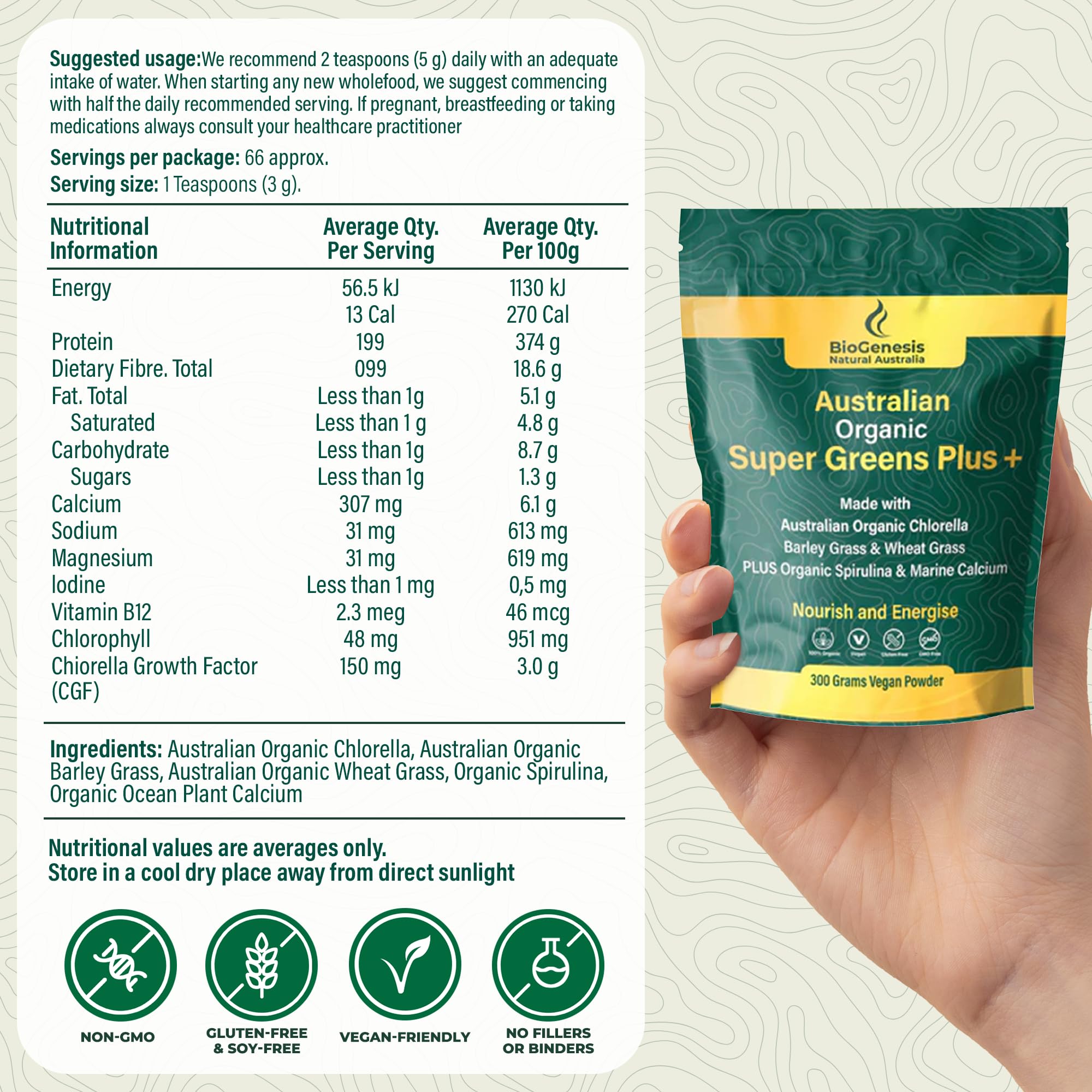 Biogenesis SuperGreens Plus in smoothie glass offers tasty, convenient greens.