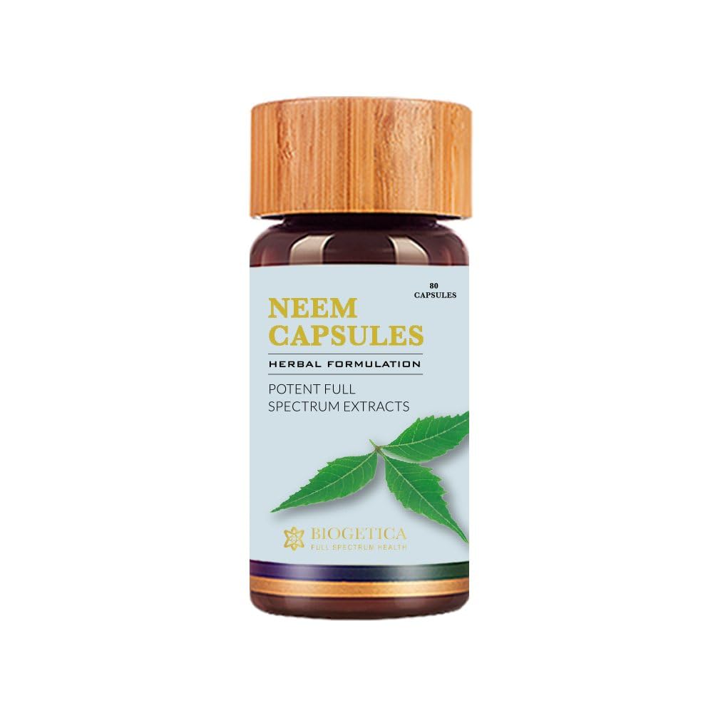 Biogetica Neem Extract Capsules bottle, highlighting vegan capsules for immunity support and skin health