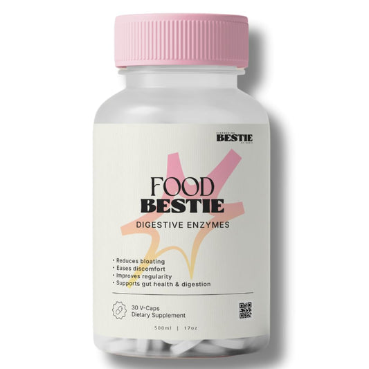 Biohacking Bestie digestive enzymes bottle for daily digestion support.