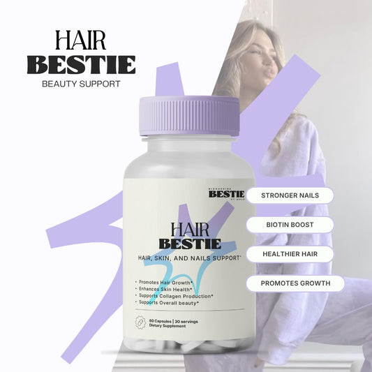 Biohacking Bestie Hair Bestie capsules closeup highlights easy supplementation benefits.