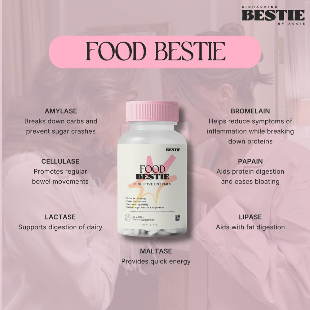 Biohacking Bestie label shows gluten-free, vegan-friendly formula.