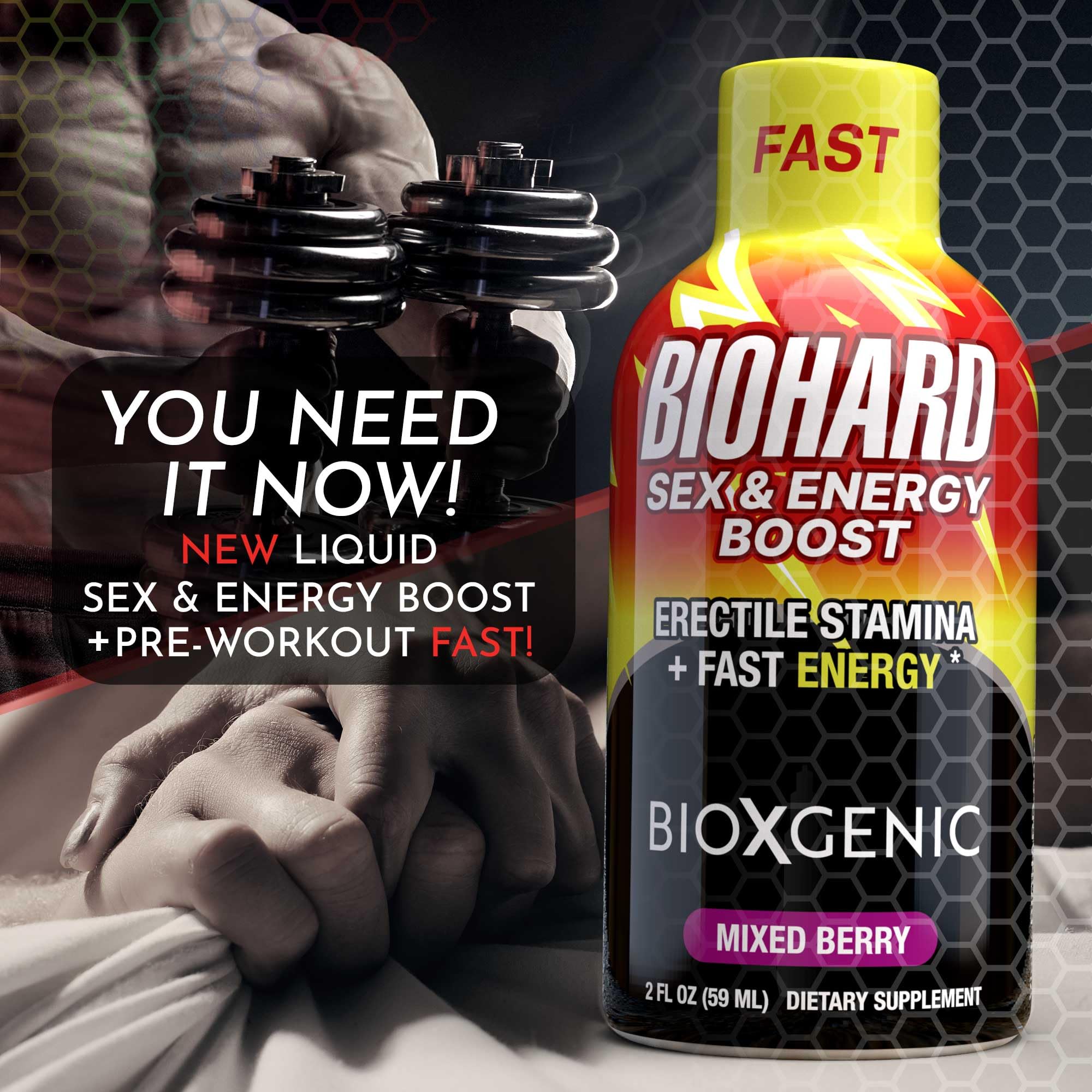Bioxgenic BIOHARD front label highlights its quick-acting energy support