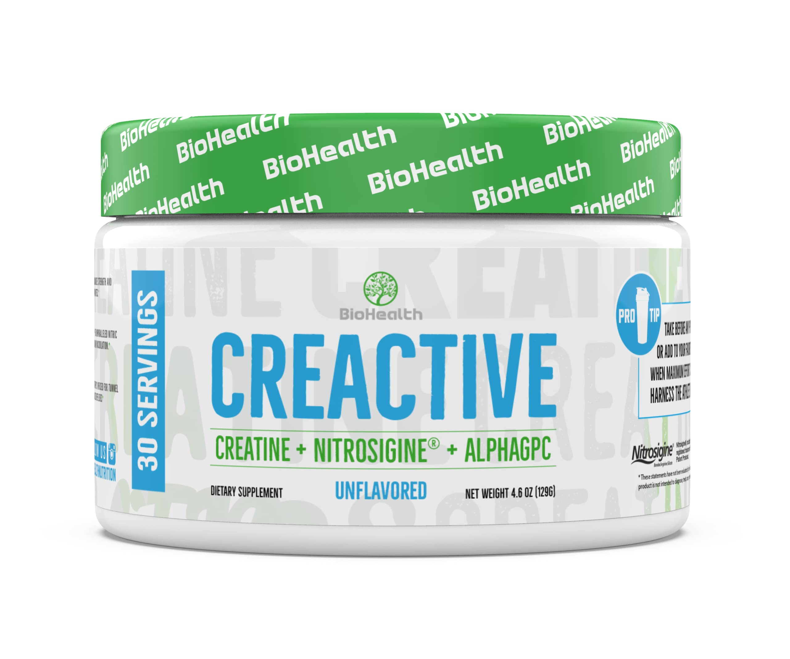 BioHealth CreActive bottle with unflavored pre-workout energy formula