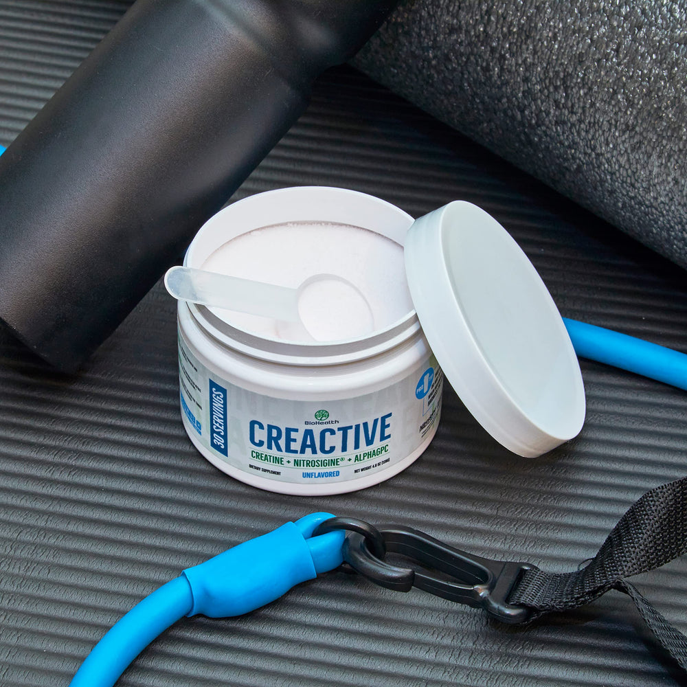 BioHealth CreActive ingredients label highlighting creatine, nootropic, and nitric oxide blend