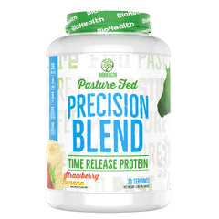 BioHealth Precision Blend strawberry banana bottle ready for a protein shake.