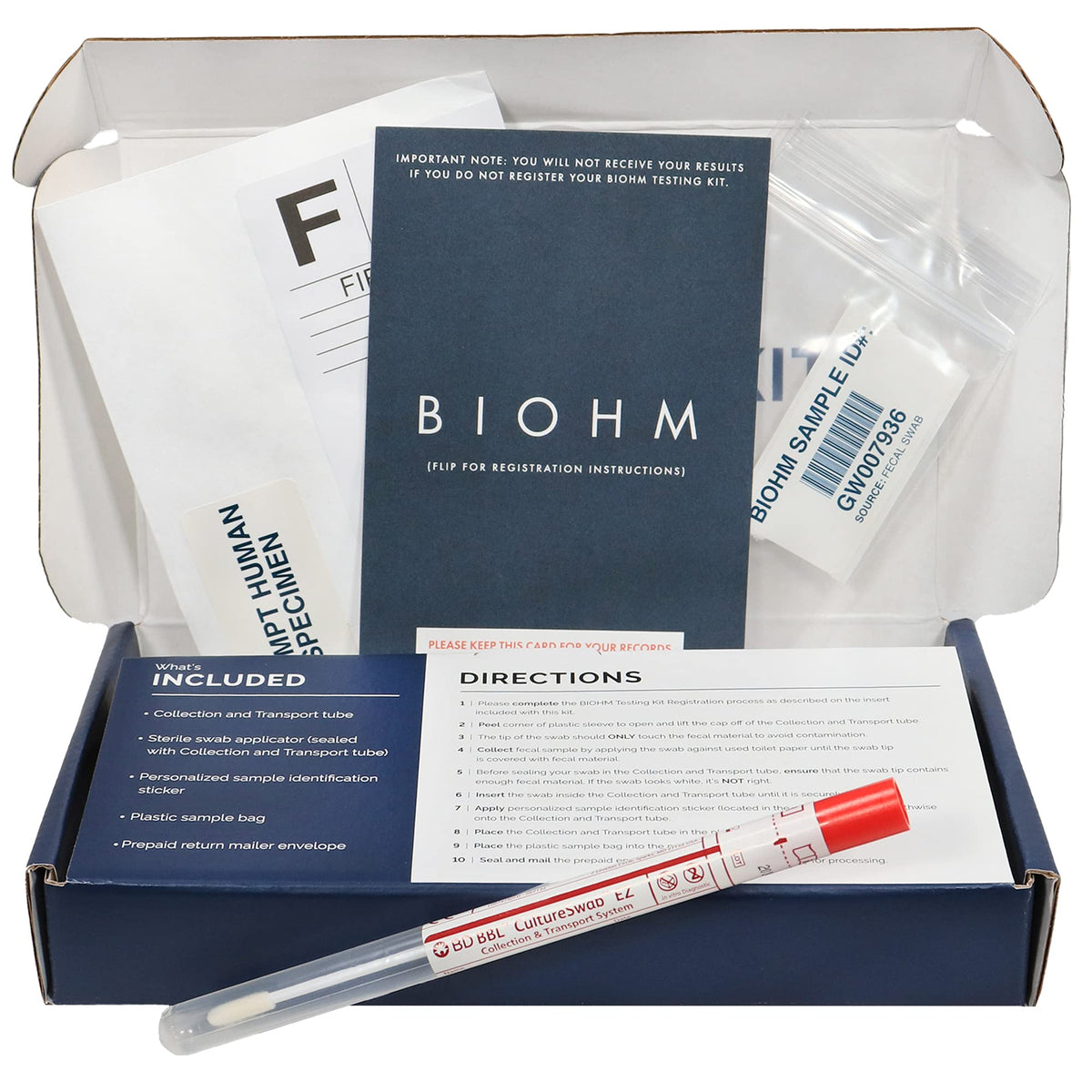 BIOHM gut test kit box front showing packaging for at home health insights