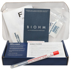 BIOHM gut test kit box front showing packaging for at home health insights