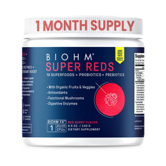 BIOHM Super Reds beetroot powder with scoop, highlighting antioxidant support for daily energy