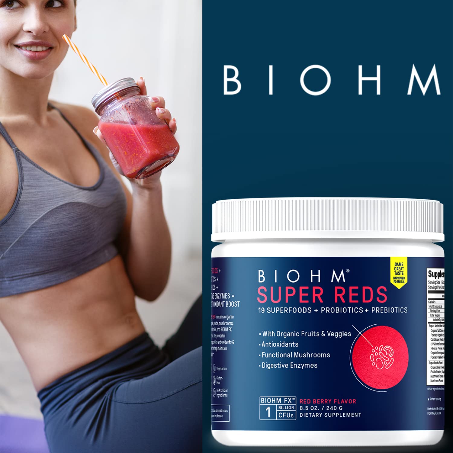 BIOHM Super Reds bottle-with-scoop on kitchen counter, signaling convenient daily use