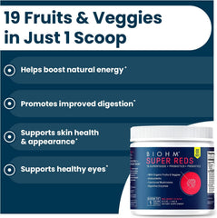 BIOHM Super Reds probiotic digestive blend sachet, illustrating gut-friendly prebiotic support