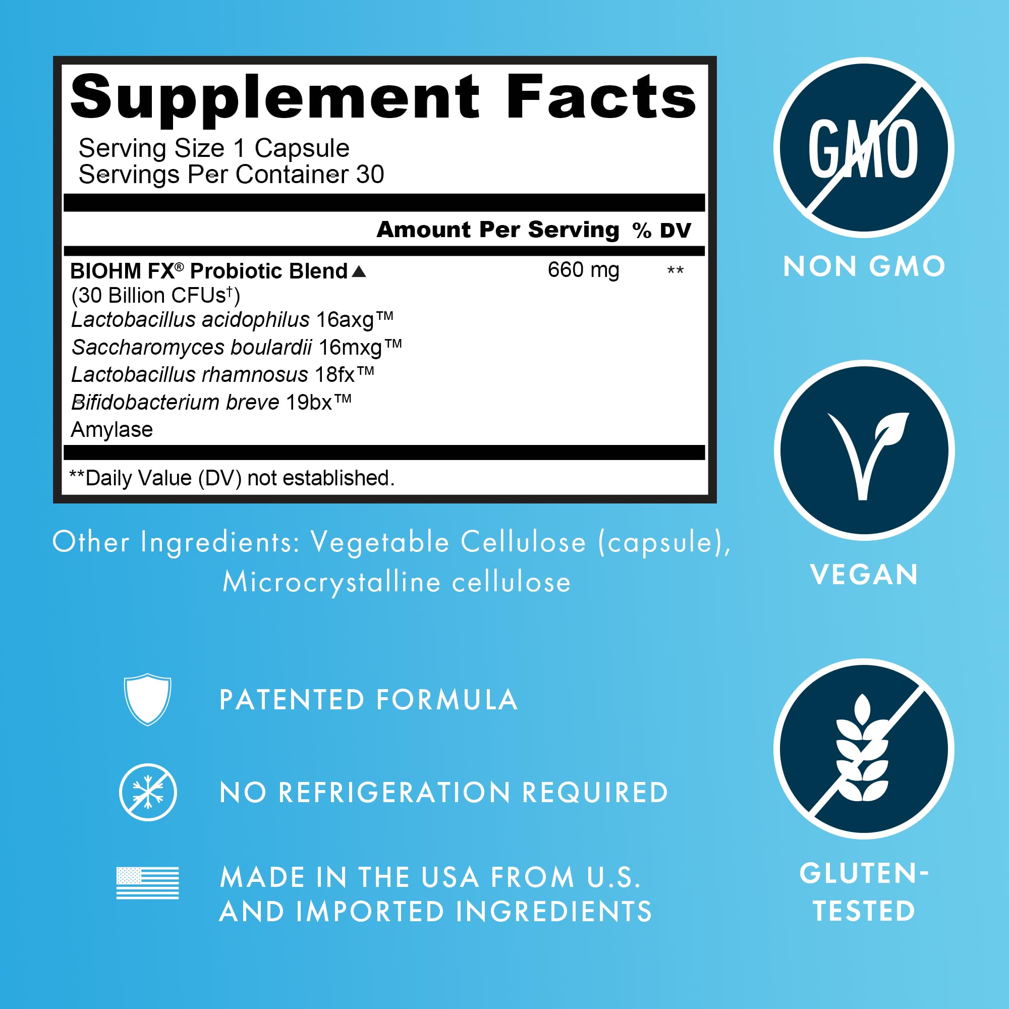 BIOHM Total Probiotic back label detailing vegan, non-GMO ingredients