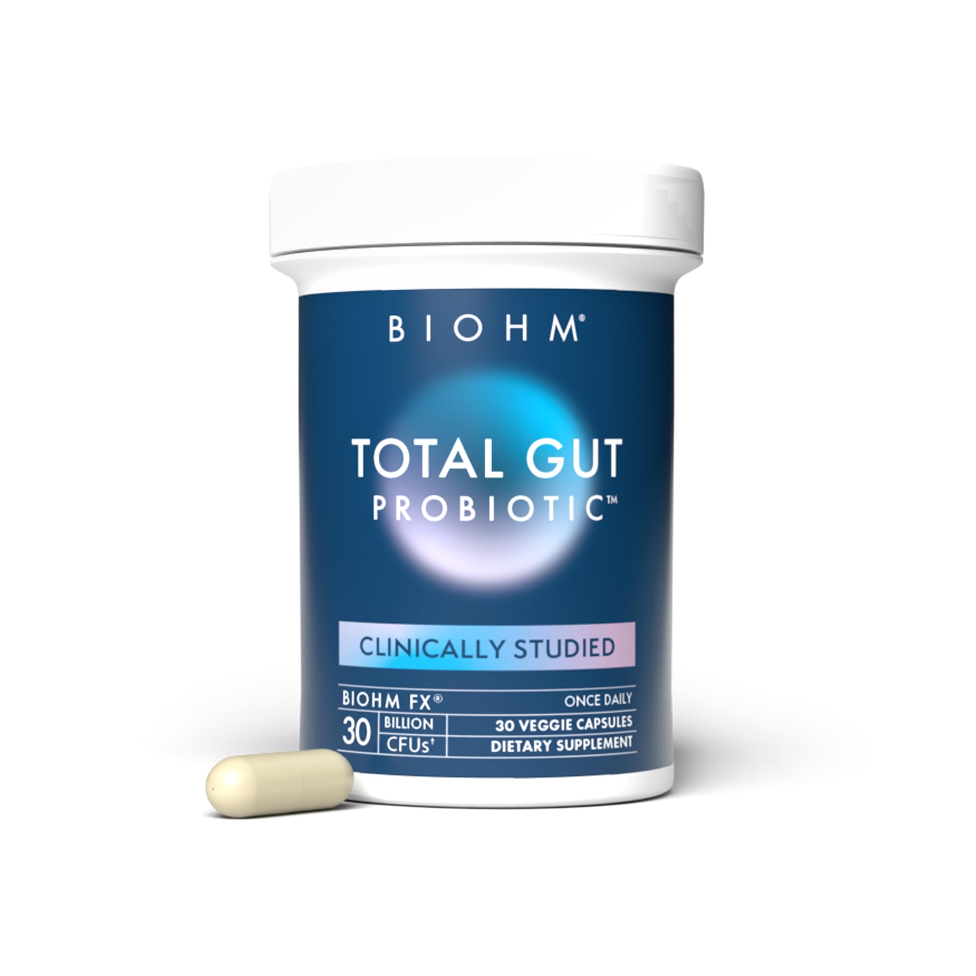 BIOHM Total Probiotic bottle front showing daily 30B CFU formula