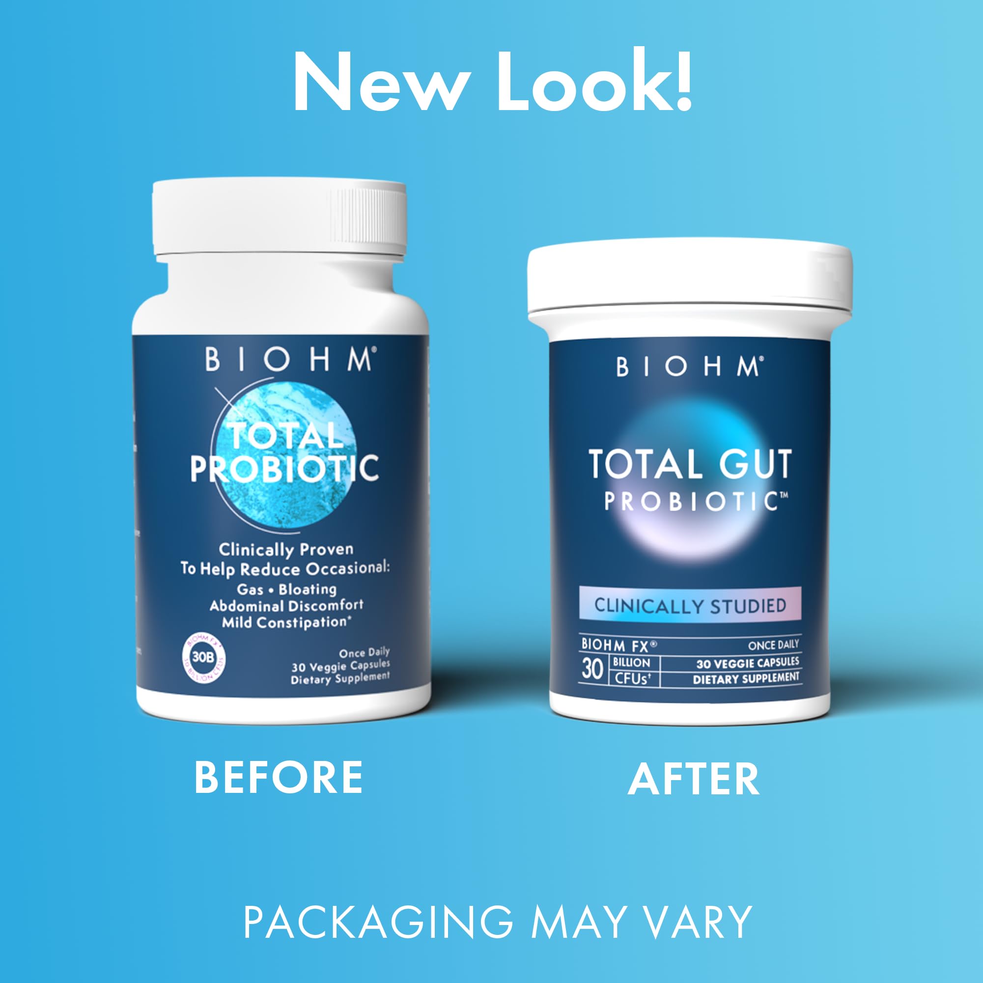 BIOHM Total Probiotic bottle with suggested prebiotic pairing for gut health