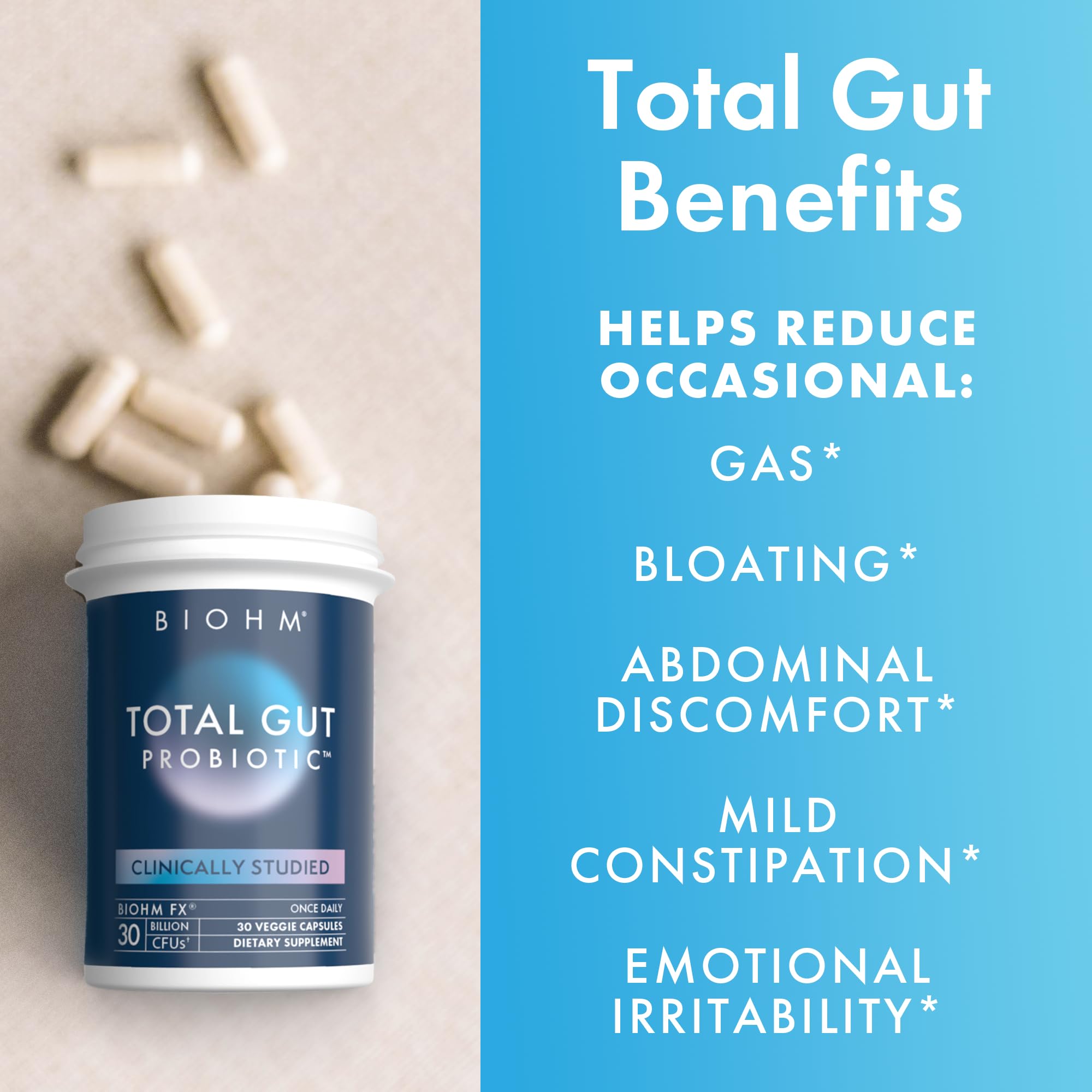 BIOHM Total Probiotic USA-made packaging emphasizing shelf-stable design